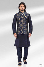 Thumbnail for Raivat Ethnic Jacquard Banarasi Silk Woven Work 3 Pics Jacket Set In Blue Colour - Distacart