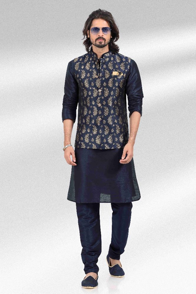 Raivat Ethnic Jacquard Banarasi Silk Woven Work 3 Pics Jacket Set In Blue Colour - Distacart