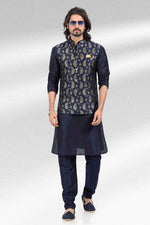 Thumbnail for Raivat Ethnic Jacquard Banarasi Silk Woven Work 3 Pics Jacket Set In Blue Colour - Distacart
