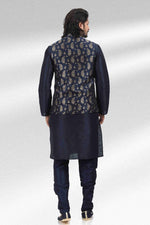 Thumbnail for Raivat Ethnic Jacquard Banarasi Silk Woven Work 3 Pics Jacket Set In Blue Colour - Distacart
