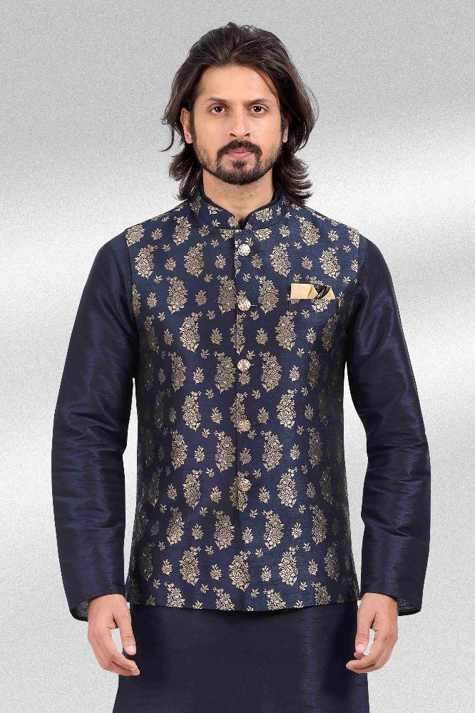 Raivat Ethnic Jacquard Banarasi Silk Woven Work 3 Pics Jacket Set In Blue Colour - Distacart
