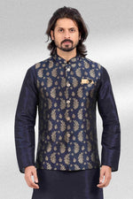Thumbnail for Raivat Ethnic Jacquard Banarasi Silk Woven Work 3 Pics Jacket Set In Blue Colour - Distacart