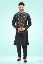 Thumbnail for Raivat Ethnic Jacquard Banarasi Silk Woven Work 3 Pics Jacket Set In Black Colour - Distacart