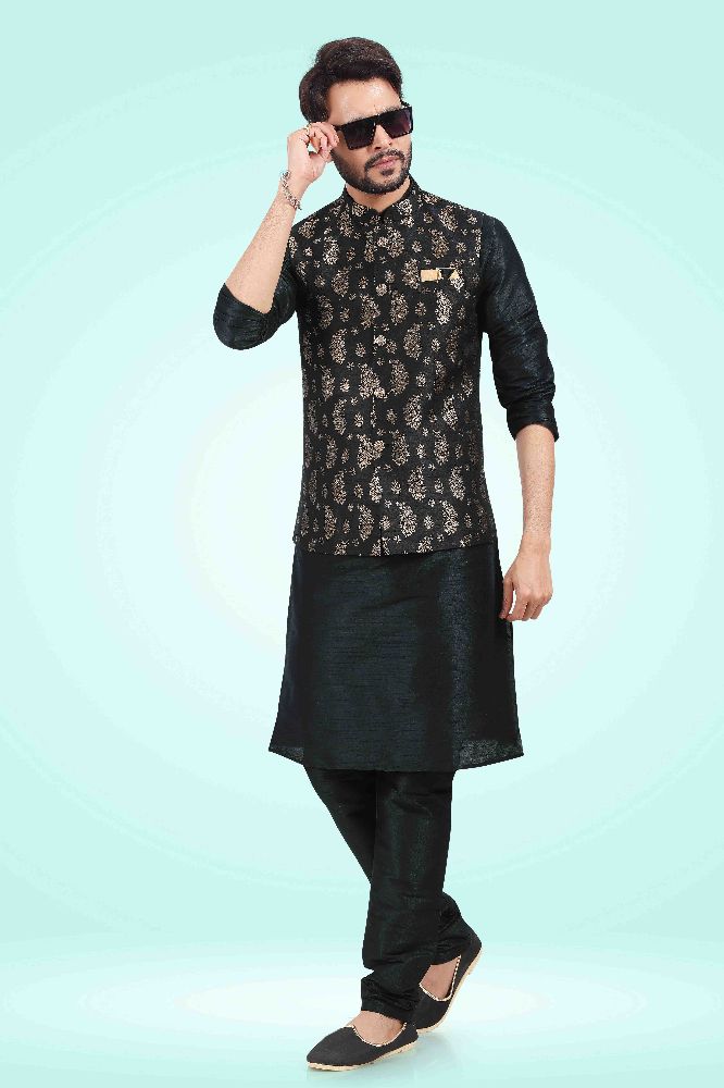 Raivat Ethnic Jacquard Banarasi Silk Woven Work 3 Pics Jacket Set In Black Colour - Distacart