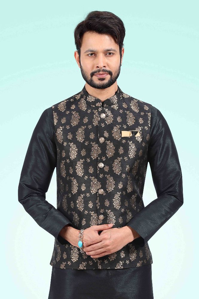 Raivat Ethnic Jacquard Banarasi Silk Woven Work 3 Pics Jacket Set In Black Colour - Distacart