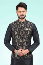 Thumbnail for Raivat Ethnic Jacquard Banarasi Silk Woven Work 3 Pics Jacket Set In Black Colour - Distacart