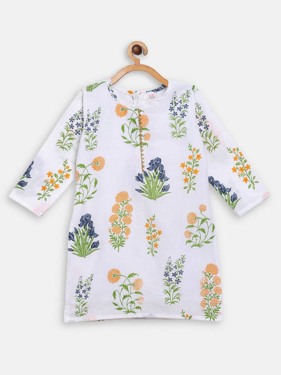 Ahalyaa White Cotton Straight Floral Printed Kids Kurta Pant Sets With Dupatta For Girls - Distacart