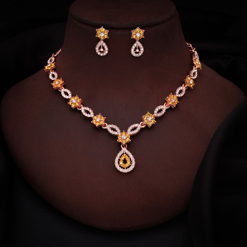 Tehzeeb Creations Elegant Yellow Polished American Diamond (Ad) Studded Necklace And Earring Set For Women - Distacart