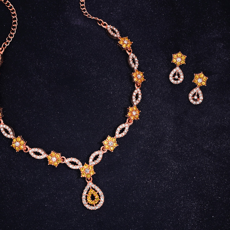 Tehzeeb Creations Elegant Yellow Polished American Diamond (Ad) Studded Necklace And Earring Set For Women - Distacart