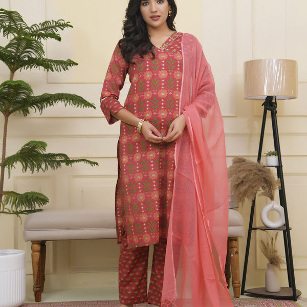 Vaasva Women Maroon Cotton Kurta With Cotton Pant & Dupatta