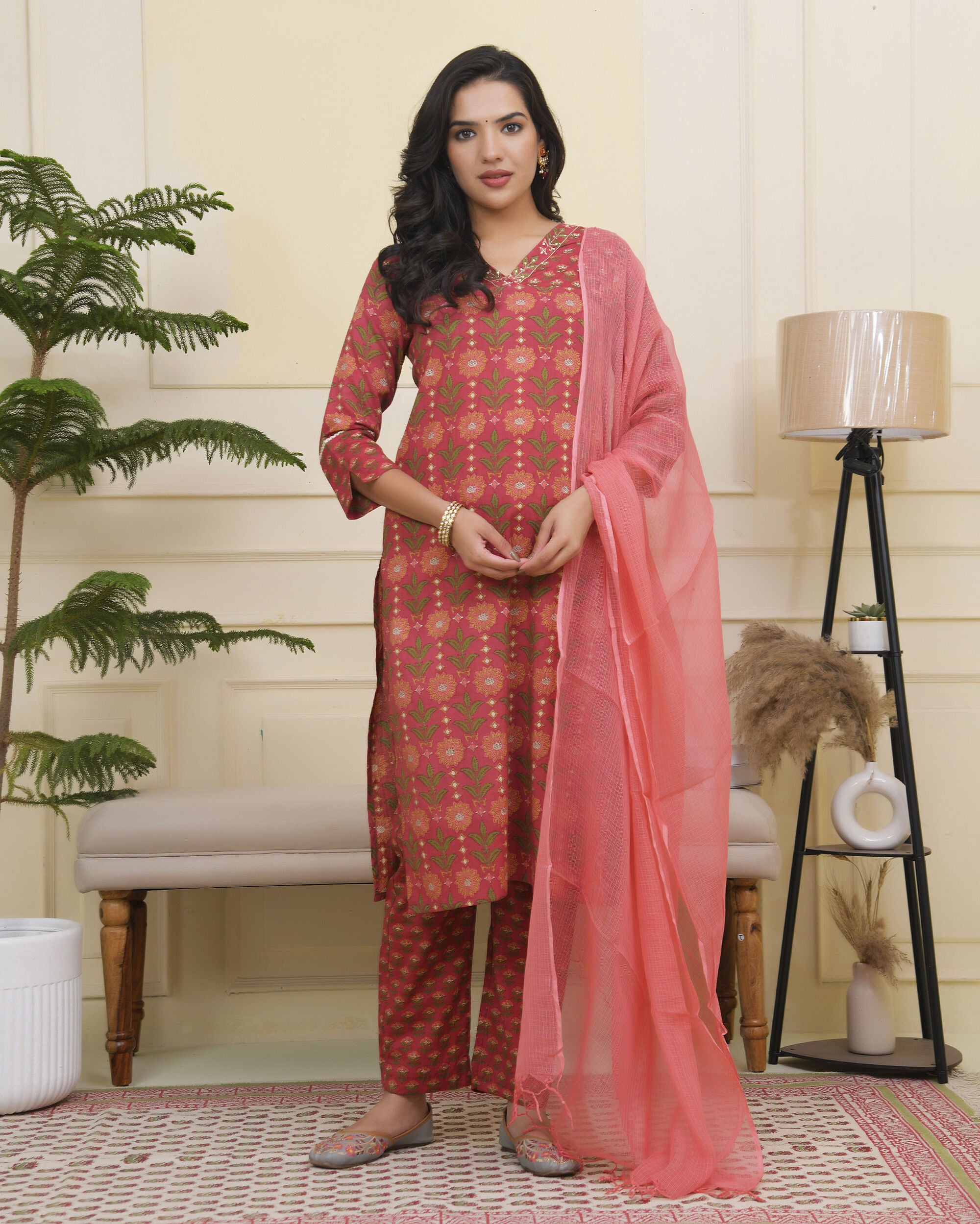Vaasva Women Maroon Cotton Kurta With Cotton Pant & Dupatta - Distacart