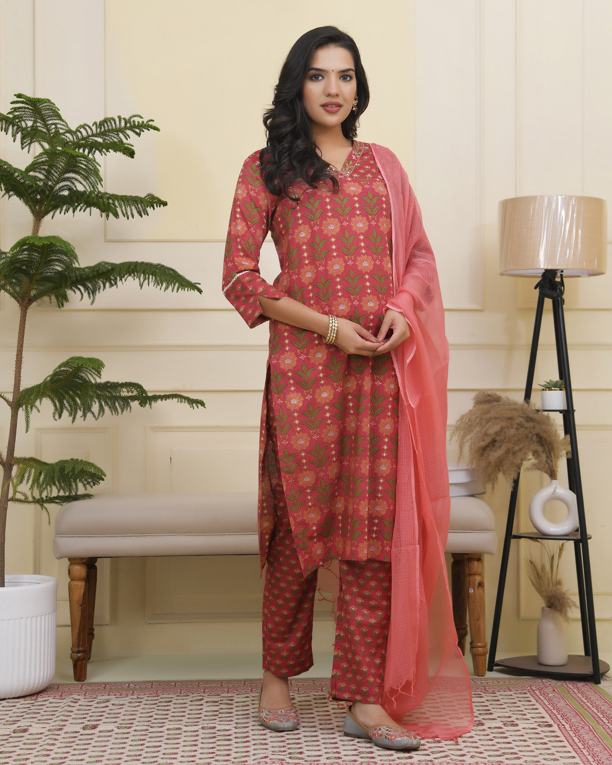 Vaasva Women Maroon Cotton Kurta With Cotton Pant & Dupatta