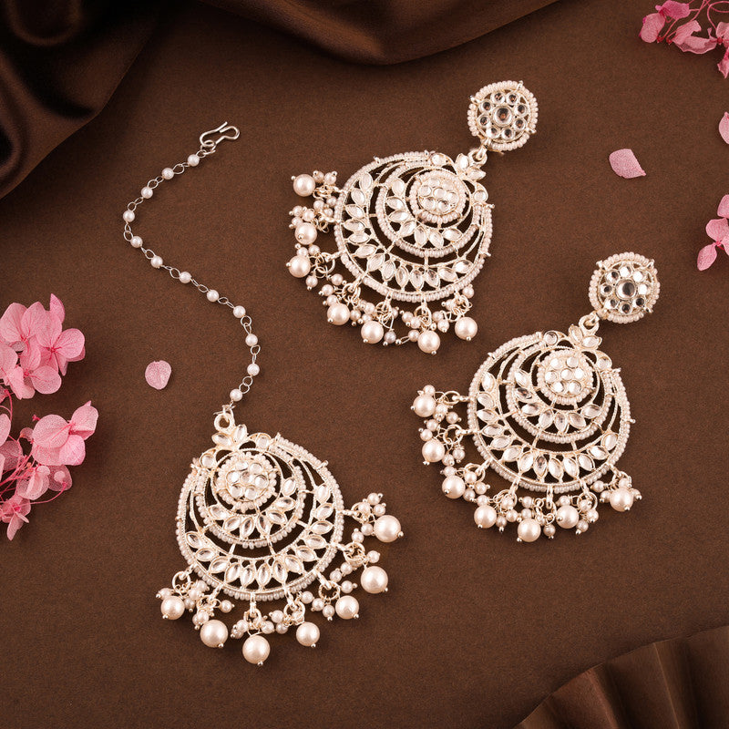 Tehzeeb Creations Gold-Polished Traditional Chandbali Drop Kundan & Pearl Earring With Tikka For Women - Distacart