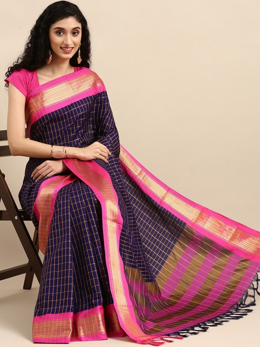 Anouk Navy Blue & Fuchsia Woven Design Pure Silk Banarasi Saree - Distacart