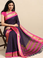 Thumbnail for Anouk Navy Blue & Fuchsia Woven Design Pure Silk Banarasi Saree - Distacart