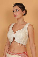 Thumbnail for Joban Fashion Silk Pearl And Beads Hand Embroidery Padded Blouse - White