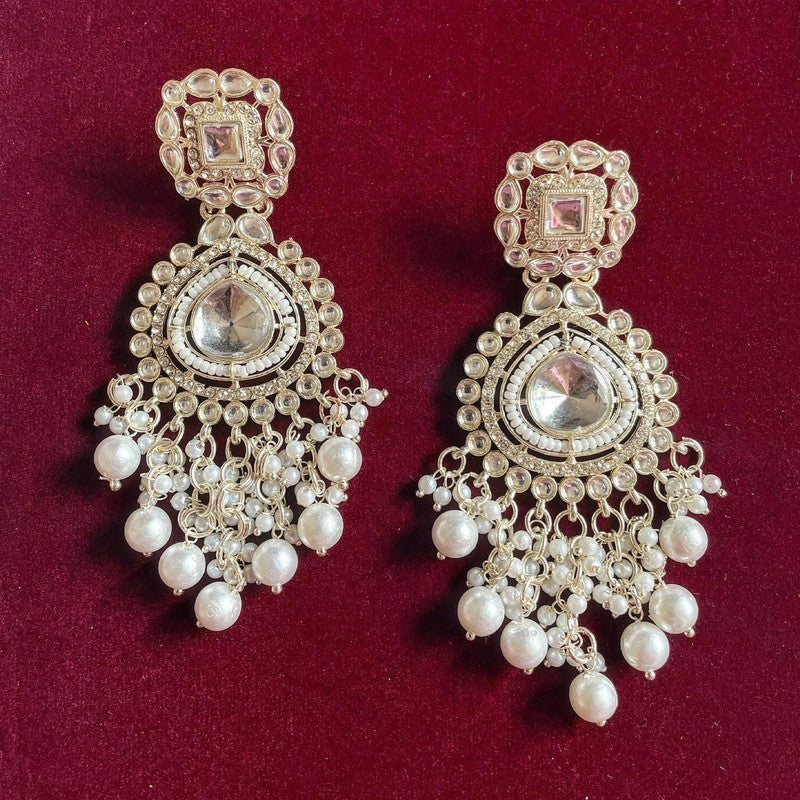 Tehzeeb Creations White Gold Trending Style Drop & Danglers Earring With Tikka For Girls & Women Diamond, Pearl Brass Drops - Distacart