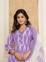 Thumbnail for Yufta Purple Ikat Print Straight Strappy Kurta Trouser And Dupatta Set