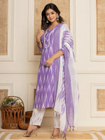 Thumbnail for Yufta Purple Ikat Print Straight Strappy Kurta Trouser And Dupatta Set