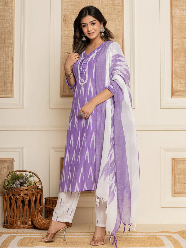 Yufta Purple Ikat Print Straight Strappy Kurta Trouser And Dupatta Set
