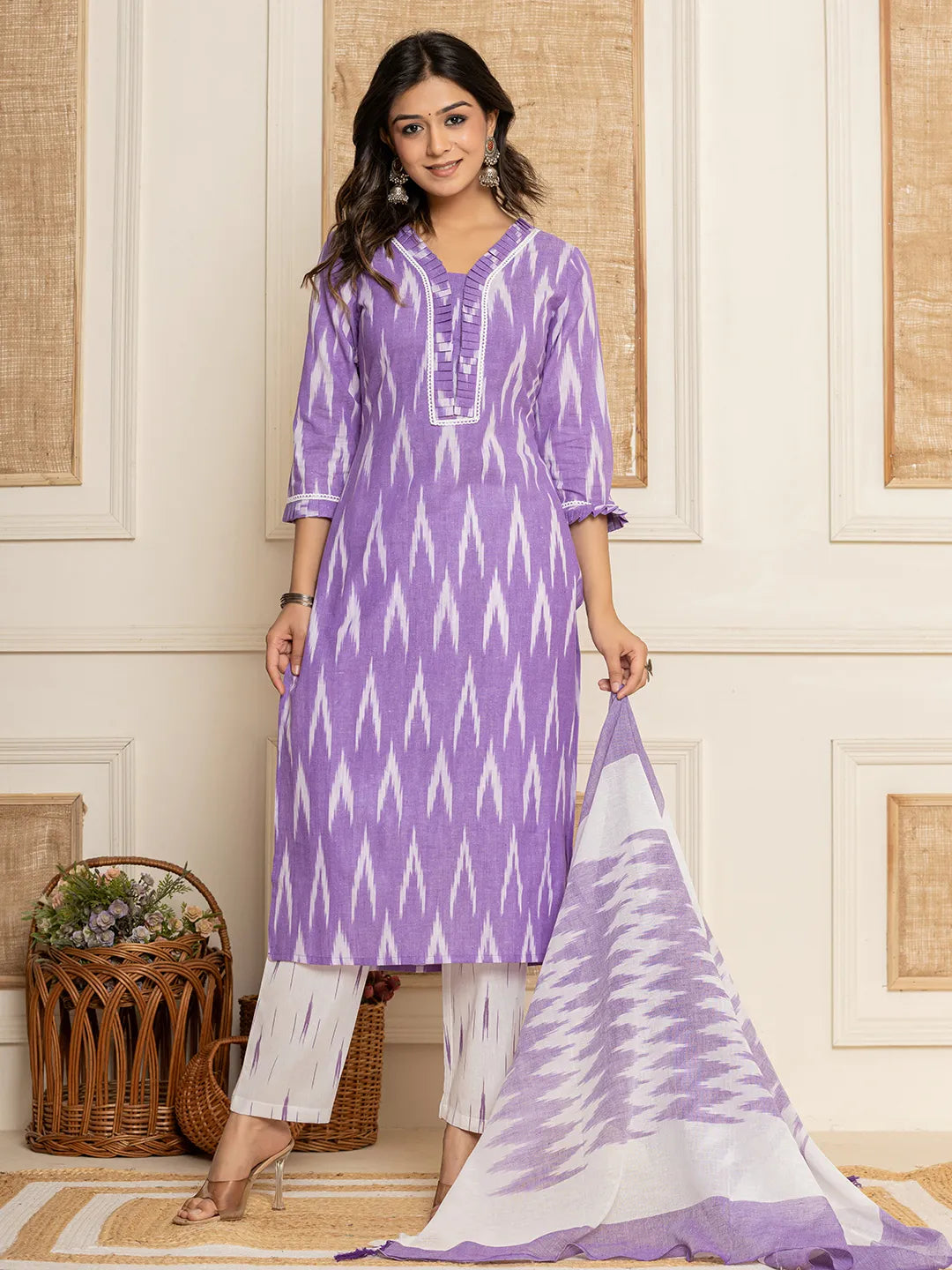 Yufta Purple Ikat Print Straight Strappy Kurta Trouser And Dupatta Set