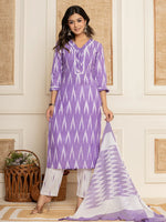 Thumbnail for Yufta Purple Ikat Print Straight Strappy Kurta Trouser And Dupatta Set