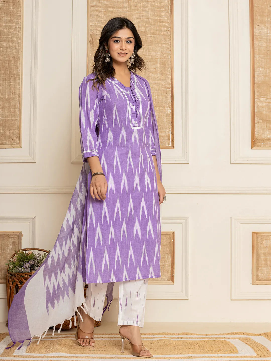 Yufta Purple Ikat Print Straight Strappy Kurta Trouser And Dupatta Set