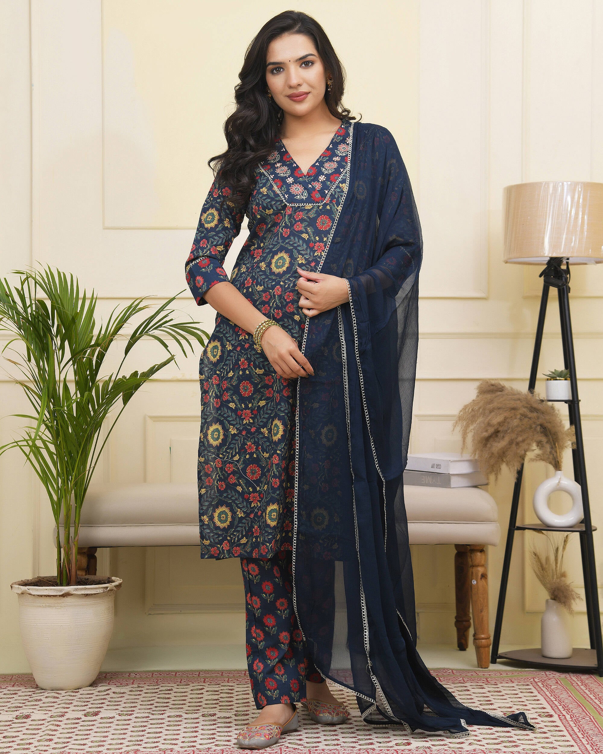 Vaasva Women Navy Cotton Kurta With Cotton Pant & Dupatta