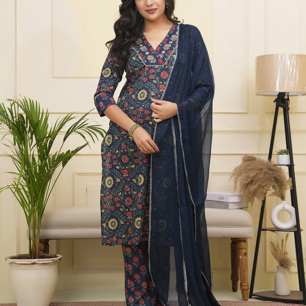 Vaasva Women Navy Cotton Kurta With Cotton Pant & Dupatta