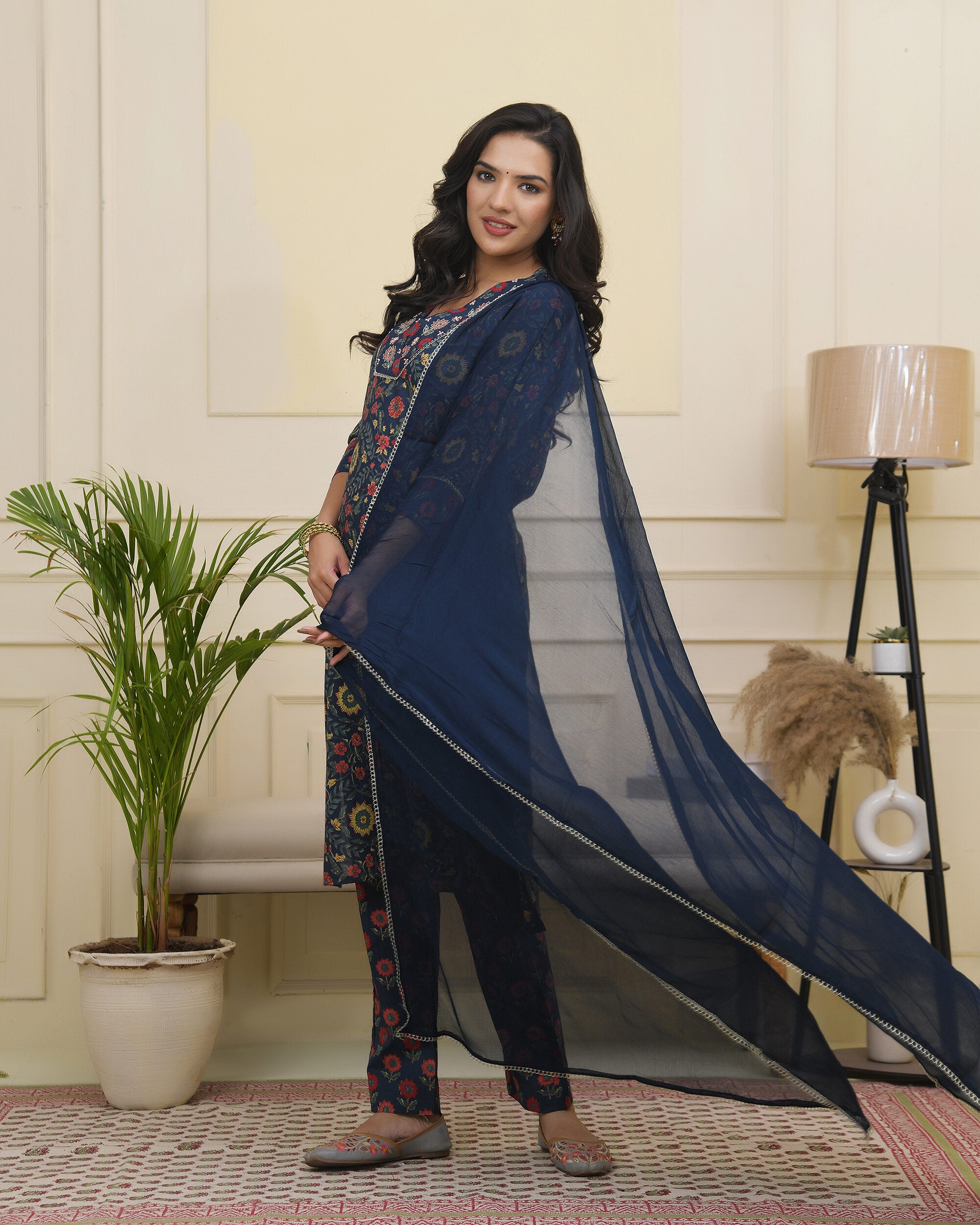 Vaasva Women Navy Cotton Kurta With Cotton Pant & Dupatta