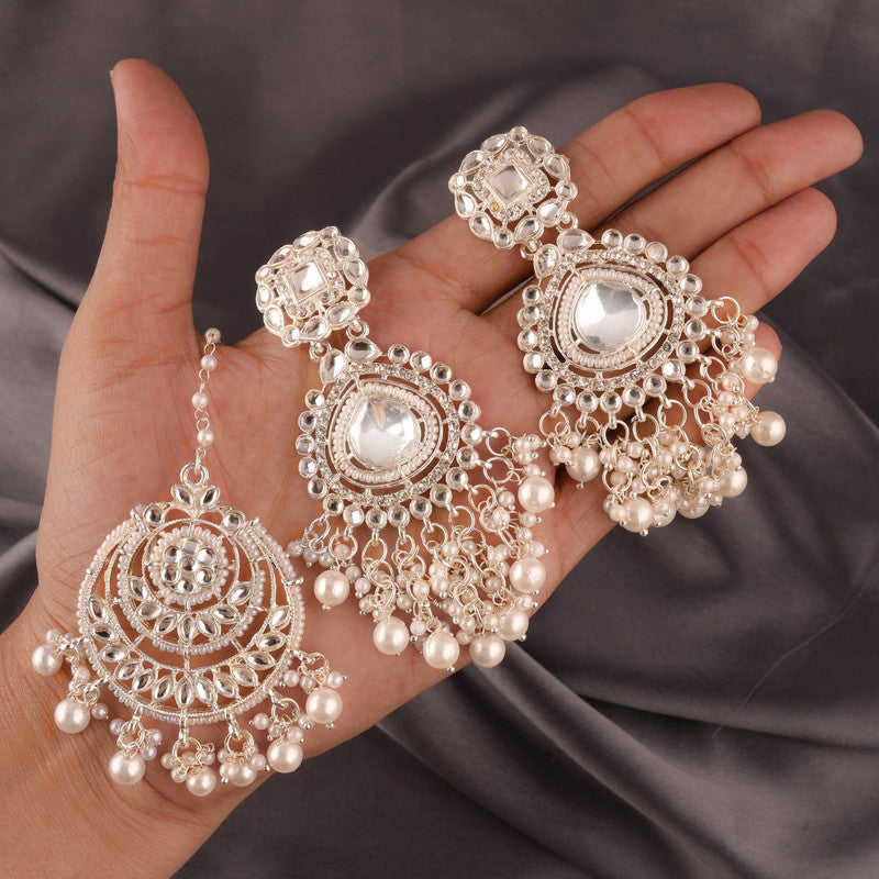 Tehzeeb Creations White Gold Trending Style Drop & Danglers Earring With Tikka For Girls & Women Diamond, Pearl Brass Drops - Distacart