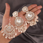 Thumbnail for Tehzeeb Creations White Gold Trending Style Drop & Danglers Earring With Tikka For Girls & Women Diamond, Pearl Brass Drops - Distacart