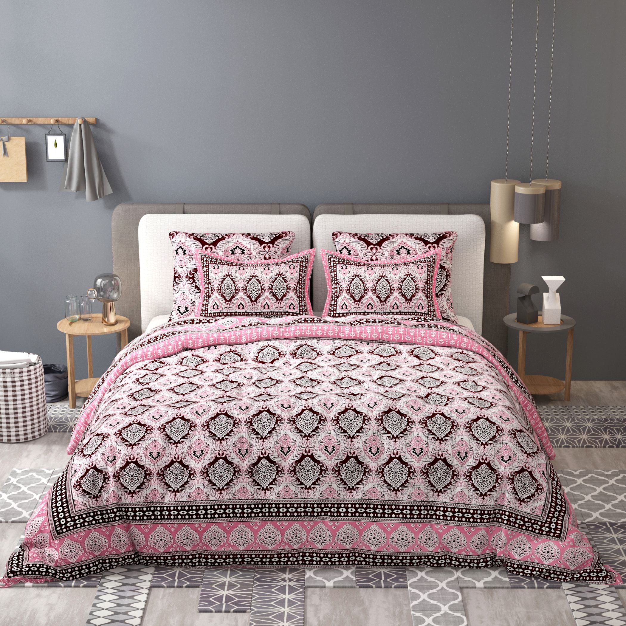 Green Ethnic Motifs Cotton 200TC King Bedsheet With 2 Zipper Pillow Covers - King Size by House of Ree - Distacart