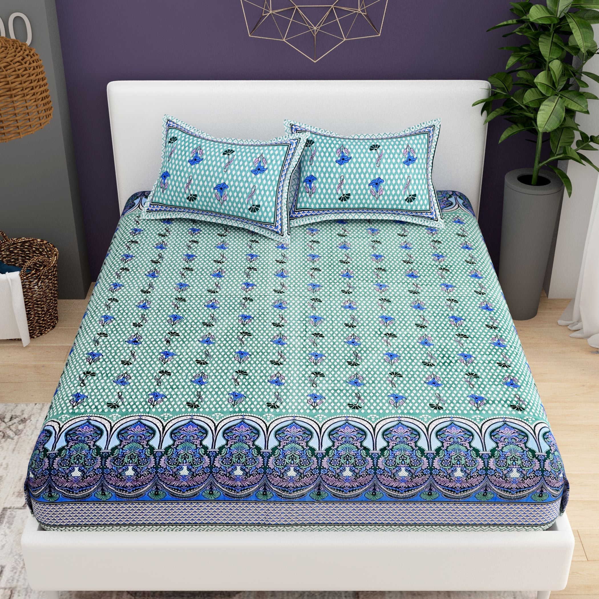 Purple Ethnic Motifs Cotton 200TC King Bedsheet With 2 Zipper Pillow Covers - King Size by House of Ree - Distacart