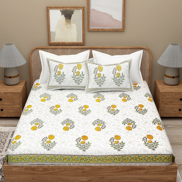 White Blue Ethnic Motifs Cotton 300TC Bedsheet With 2 Zipper Pillow Covers - Super King Size by House of Ree - Distacart