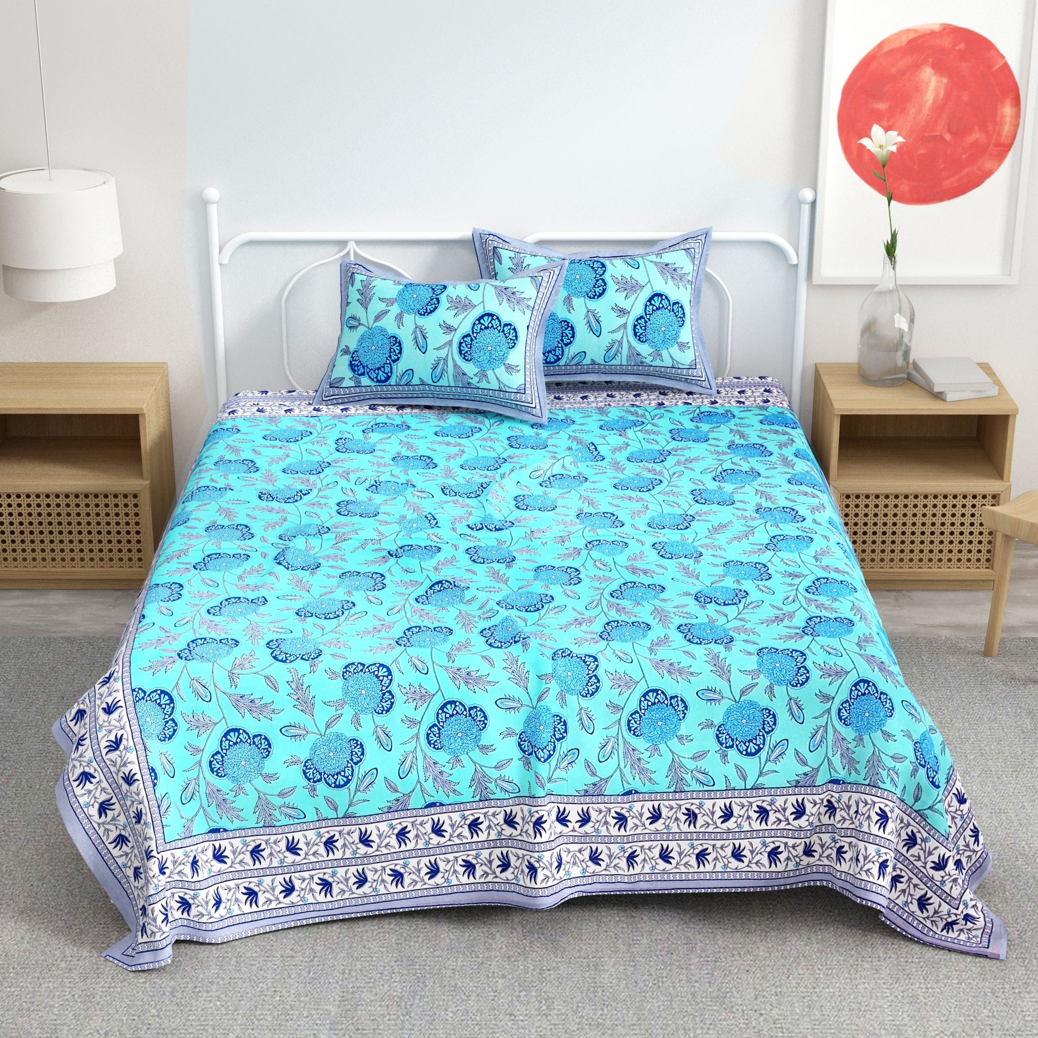 Blue Floral Design Cotton 300TC Super King Bedsheet With 2 Zipper Pillow Covers - King Size by House of Ree - Distacart