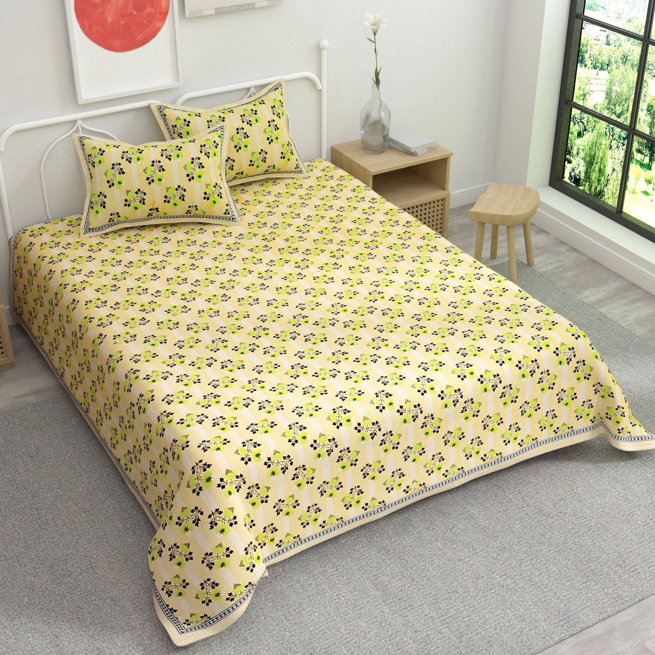 Yellow Ethnic Motifs Cotton 220 TC King Bedsheet With 2 Zipper Pillow Covers - King Size by House of Ree - Distacart