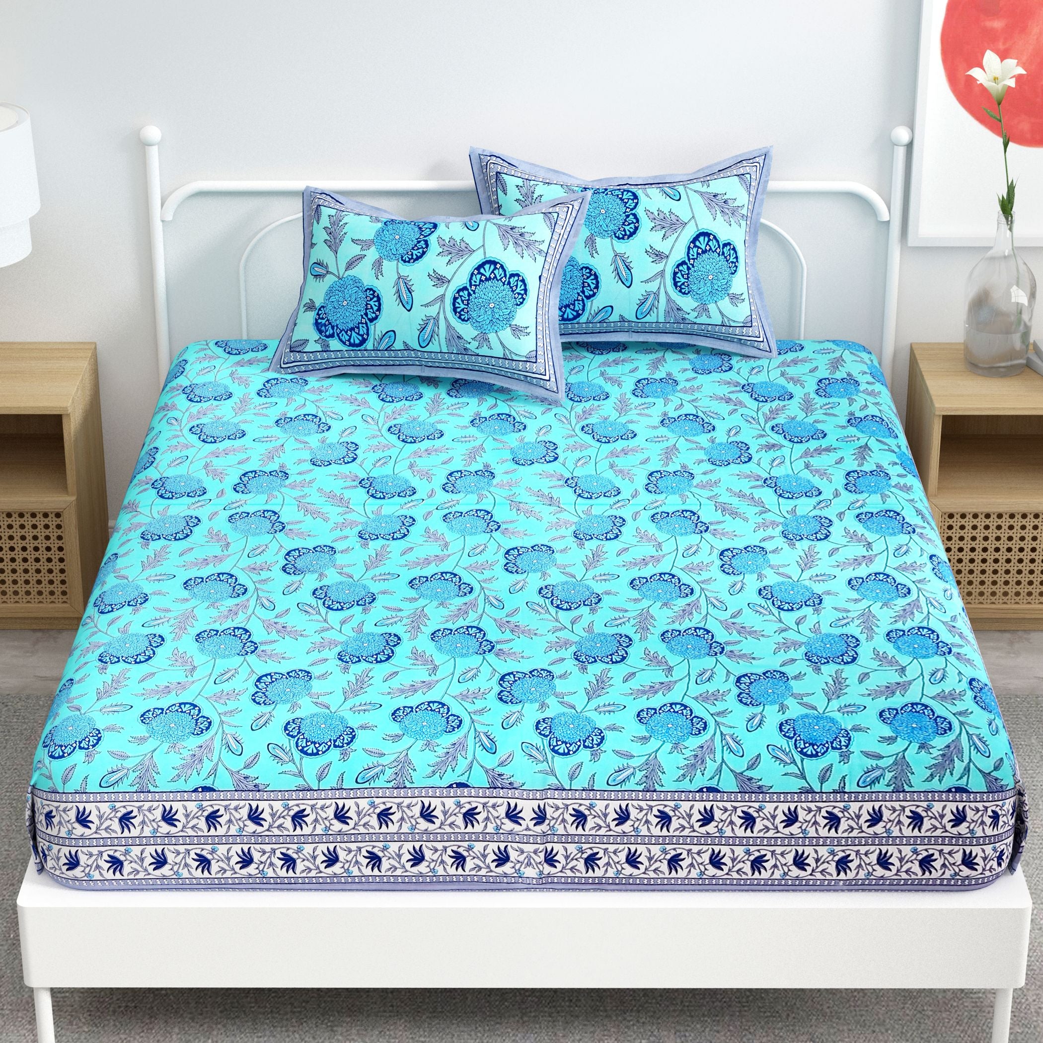 Blue Floral Design Cotton 300TC Super King Bedsheet With 2 Zipper Pillow Covers - King Size by House of Ree - Distacart