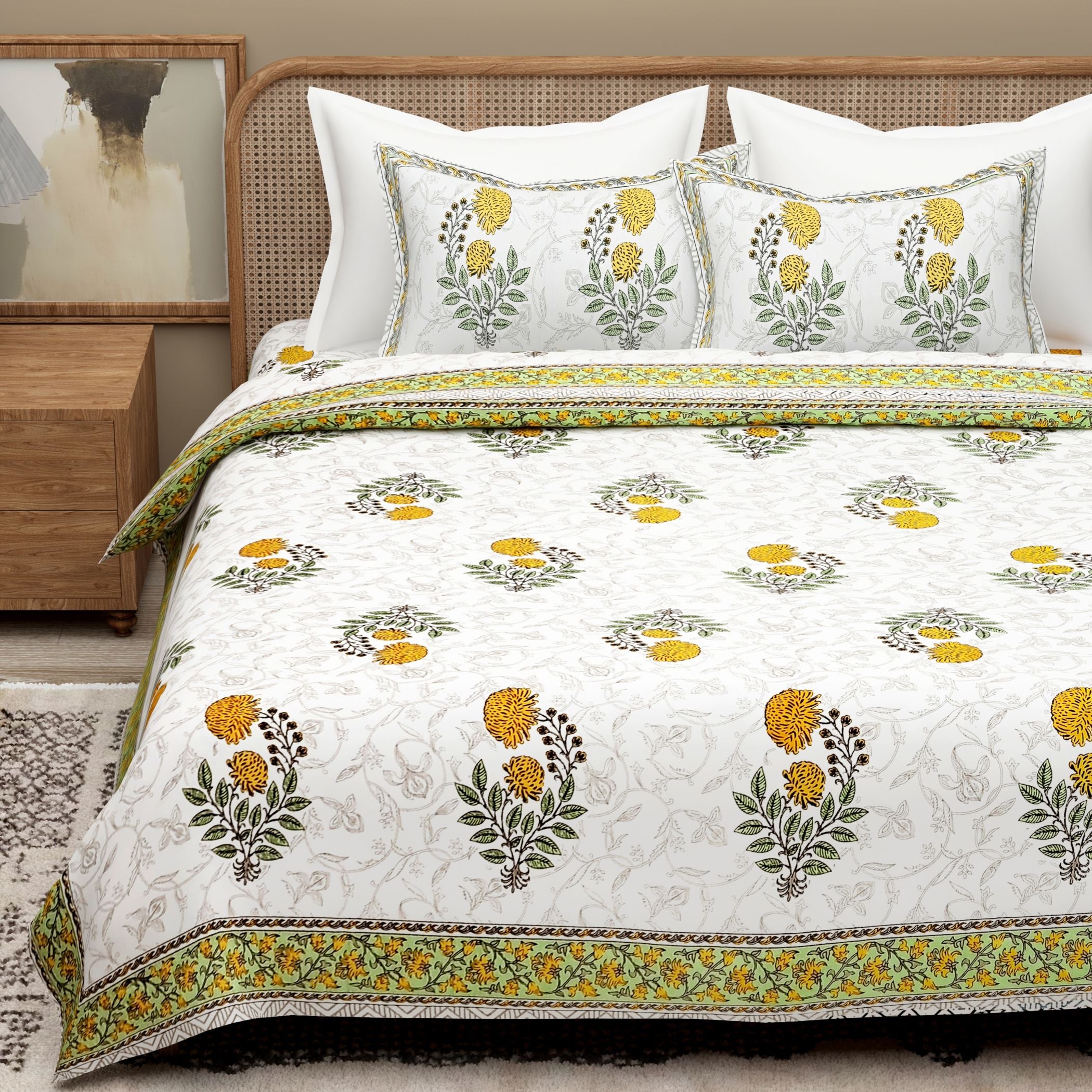 White Blue Ethnic Motifs Cotton 300TC Bedsheet With 2 Zipper Pillow Covers - Super King Size by House of Ree - Distacart