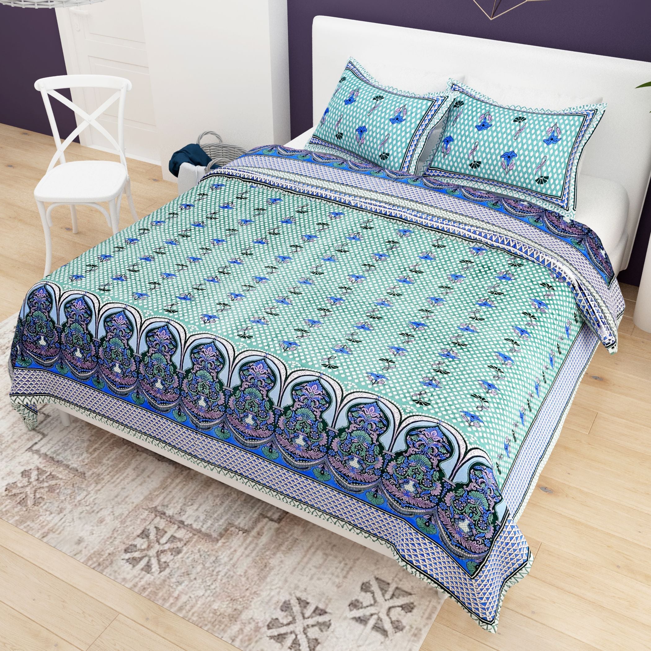 Purple Ethnic Motifs Cotton 200TC King Bedsheet With 2 Zipper Pillow Covers - King Size by House of Ree - Distacart