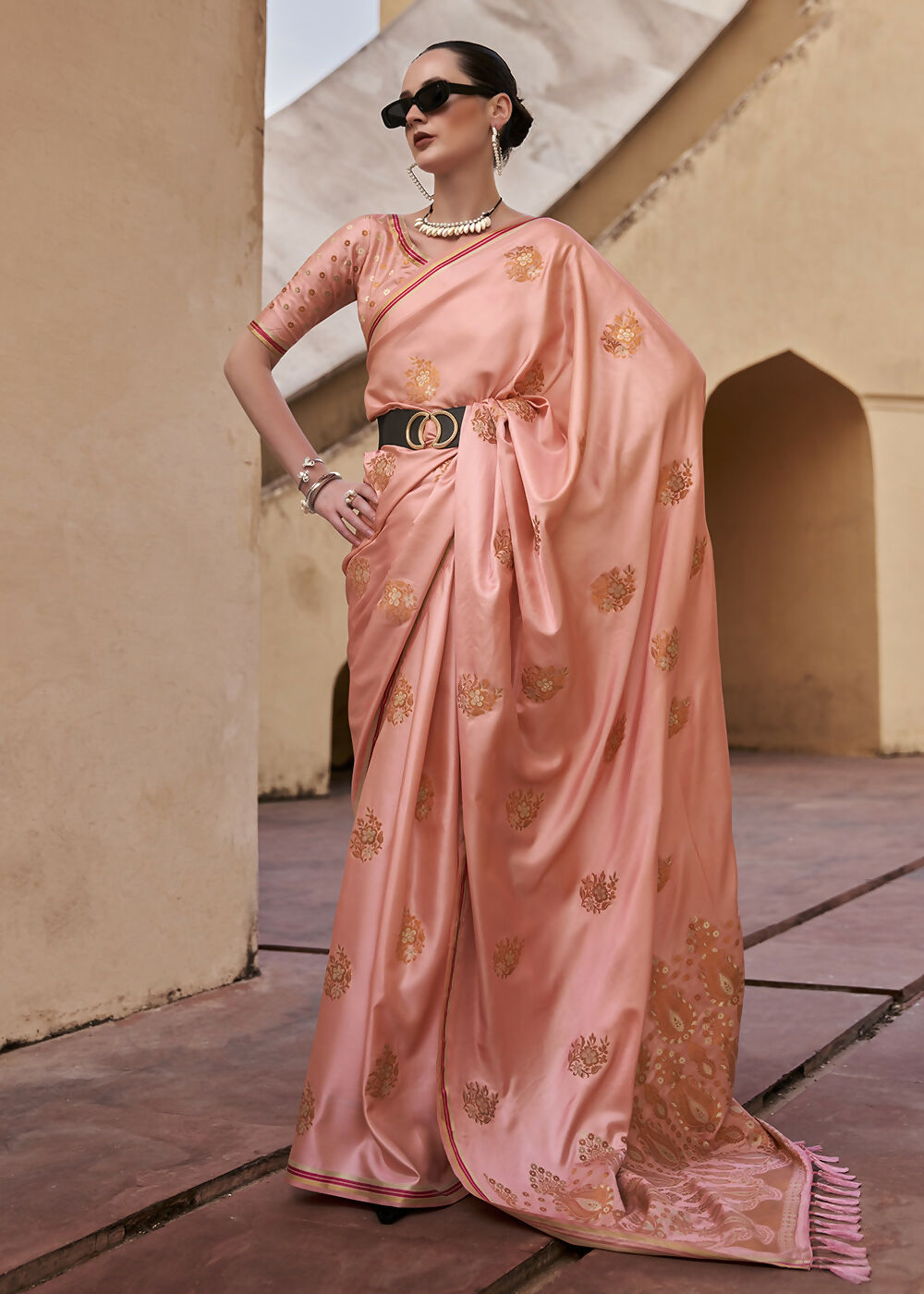 Coral Pink Pure Satin Zari Weaving Wedding Festive Saree - Emponline - Distacart