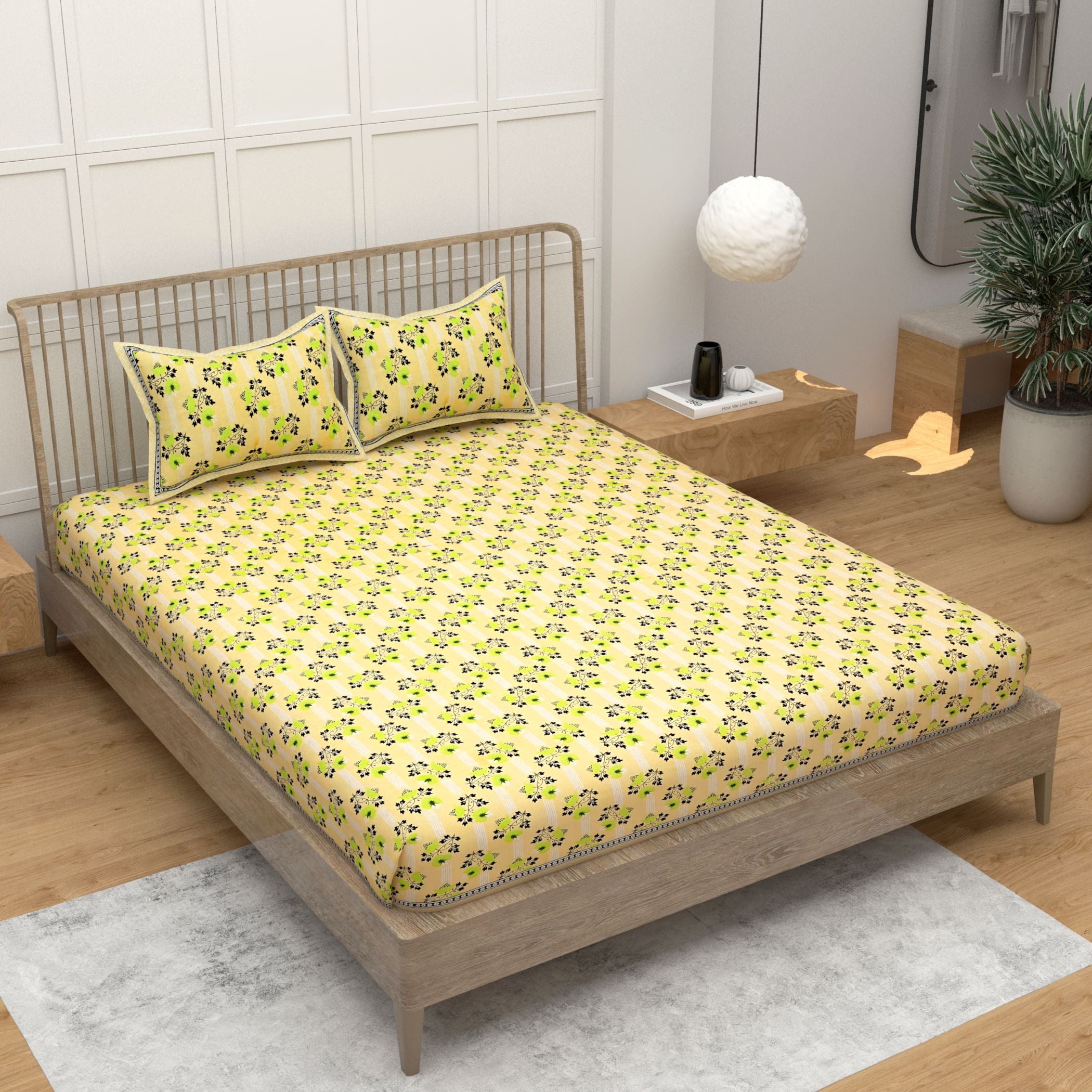 Yellow Ethnic Motifs Cotton 220 TC King Bedsheet With 2 Zipper Pillow Covers - King Size by House of Ree - Distacart