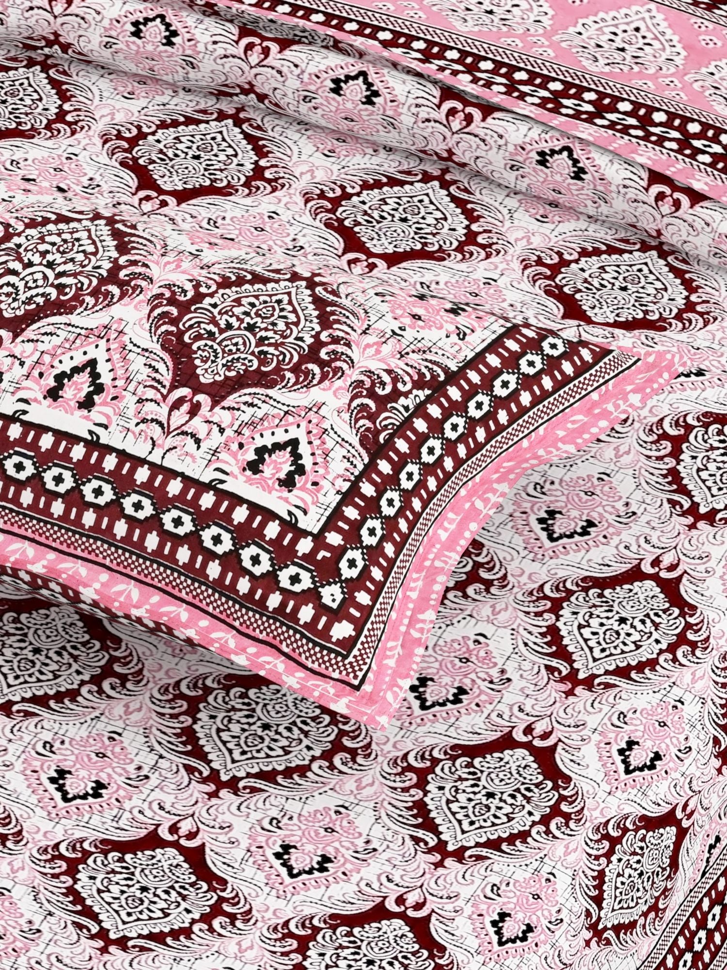 Green Ethnic Motifs Cotton 200TC King Bedsheet With 2 Zipper Pillow Covers - King Size by House of Ree - Distacart