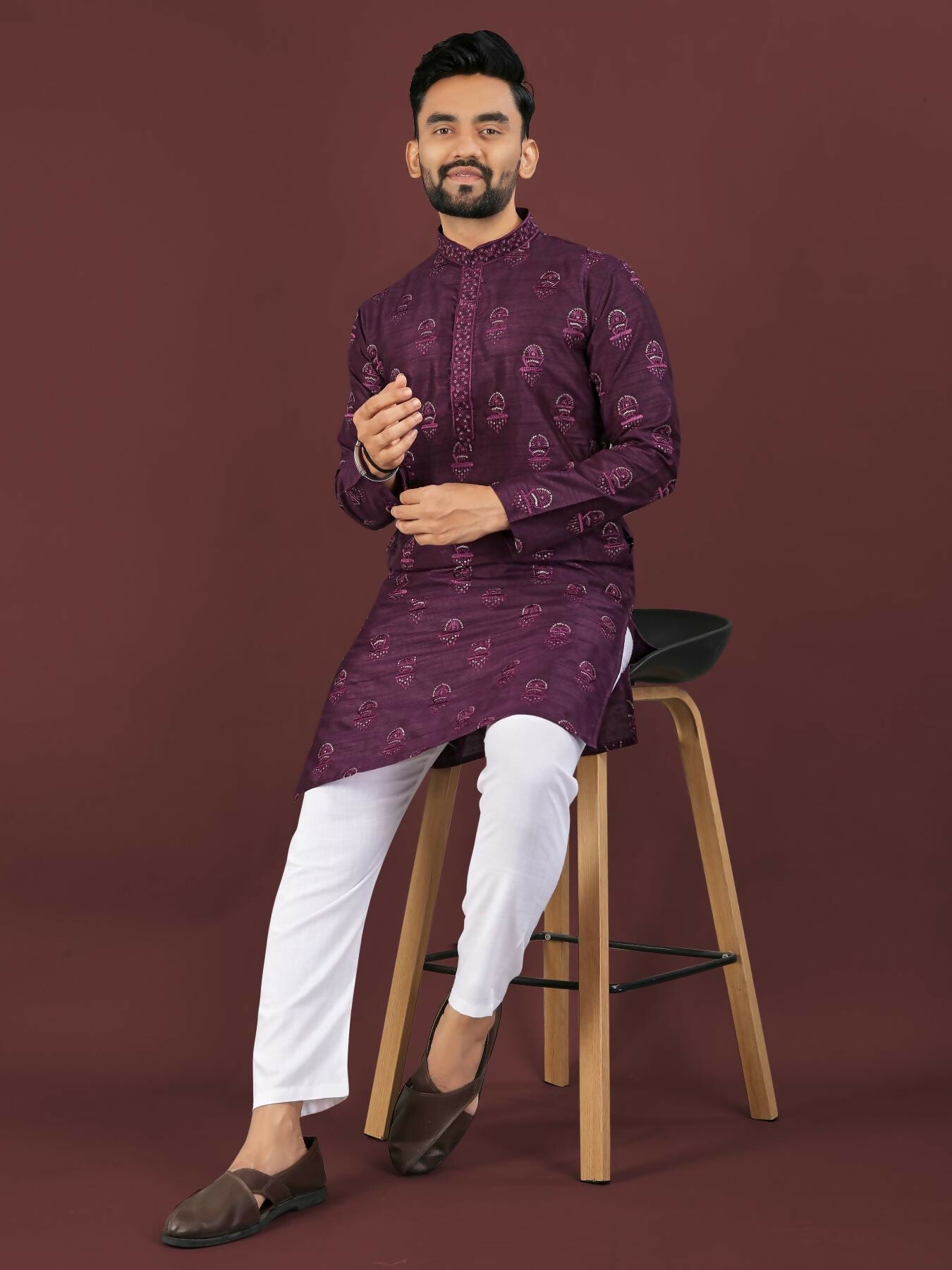 Anaita Purple Embroidered Silk Straight Kurta - Distacart