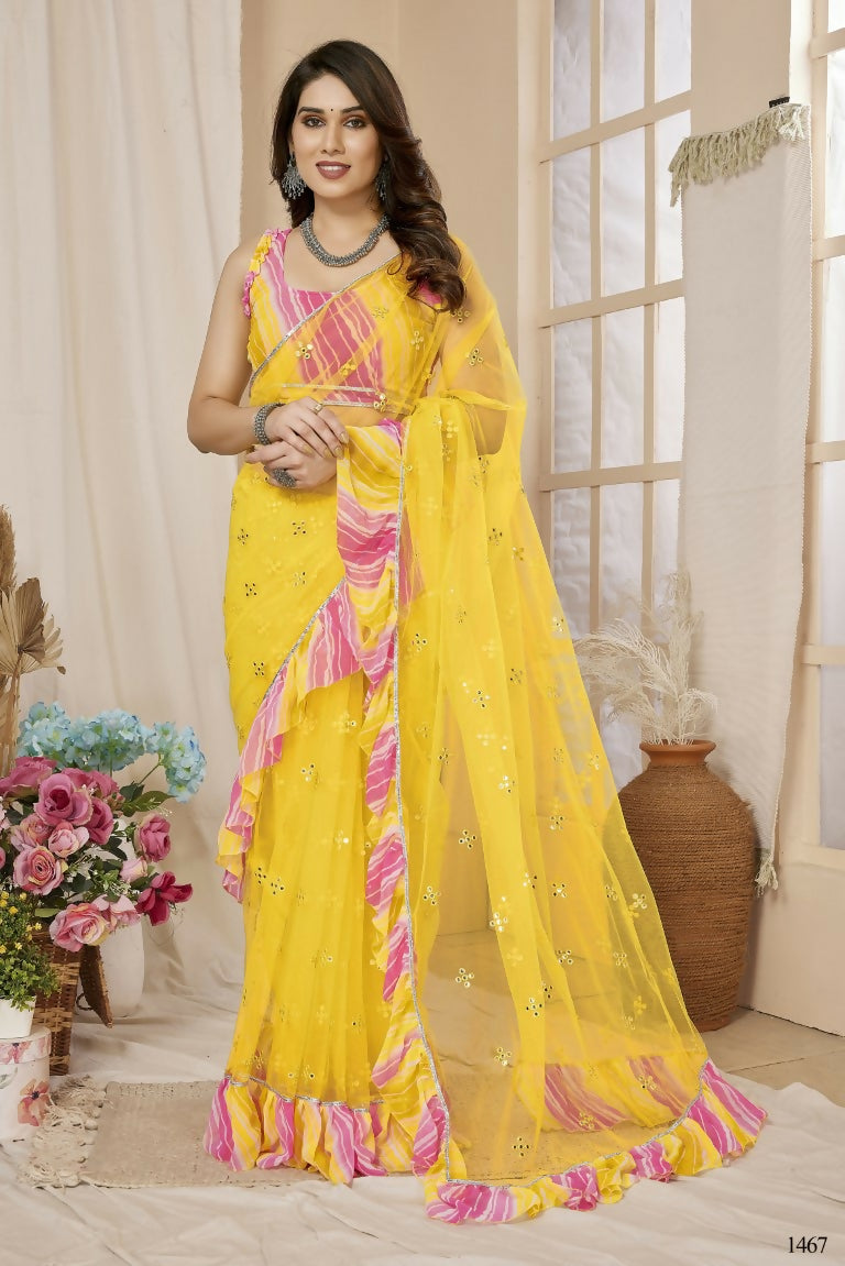 Partywear Designer Yellow Net Fancy Saree - Dyuti - Distacart