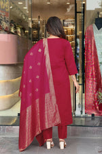 Thumbnail for The52 Maroon Beautiful Embroidered Viscose Chanderi Fabric Straight Kurta Pant with Dupatta Set - Distacart