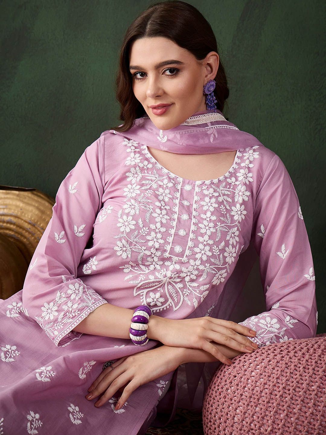 Sangria Lavender Floral Embroidered Thread Work Cotton Kurta & Trouser With Dupatta - Distacart