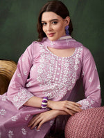 Thumbnail for Sangria Lavender Floral Embroidered Thread Work Cotton Kurta & Trouser With Dupatta