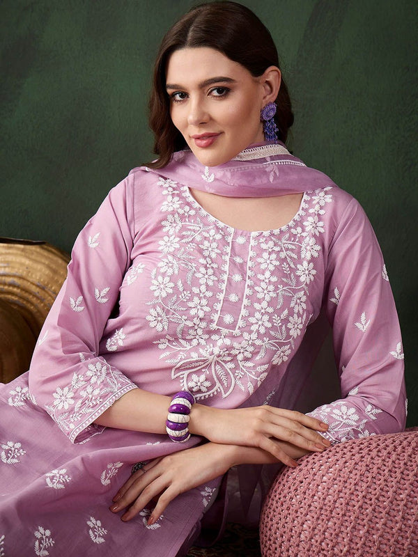 Sangria Lavender Floral Embroidered Thread Work Cotton Kurta & Trouser With Dupatta