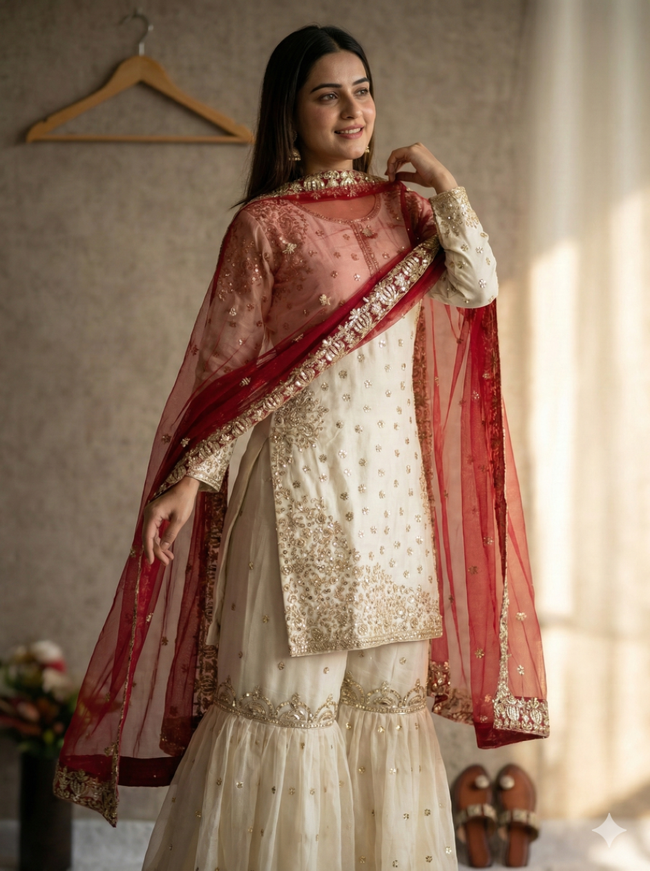 Anaita White&Maroon Silk Readymade Suit with Embroidery & Sequence Work